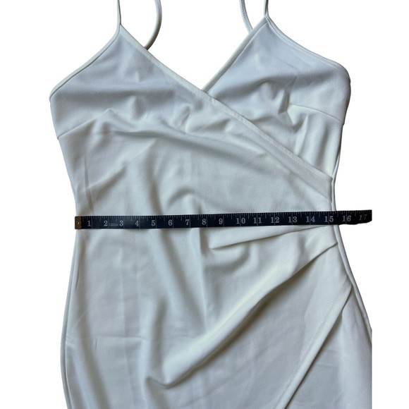White Bodycon Dress Mini Surplice Spaghetti Strap Size L Large Asymmetrical Hem - Picture 6 of 12